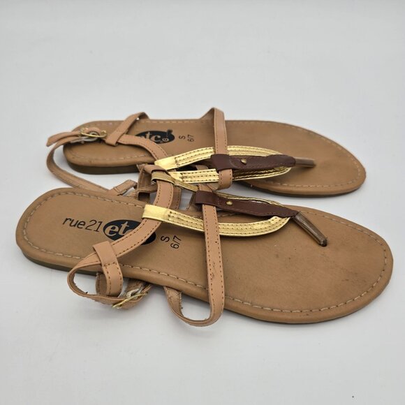 Rue21 Etc Tan Flat Sandals Size 6/7 With Gold & Brown Straps Adjustable Buckle C - Picture 4 of 8